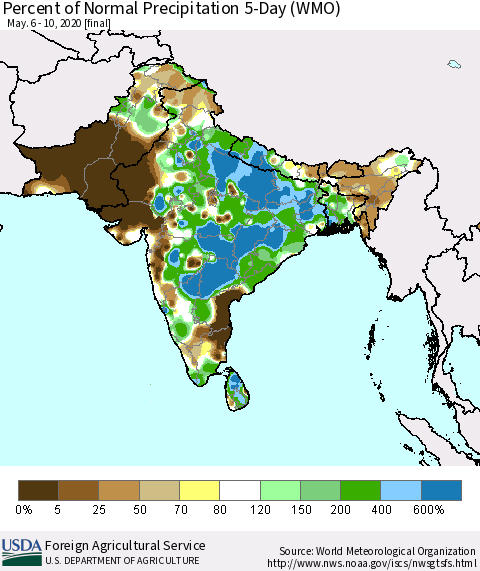 Southern Asia Percent of Normal Precipitation 5-Day (WMO) Thematic Map For 5/6/2020 - 5/10/2020