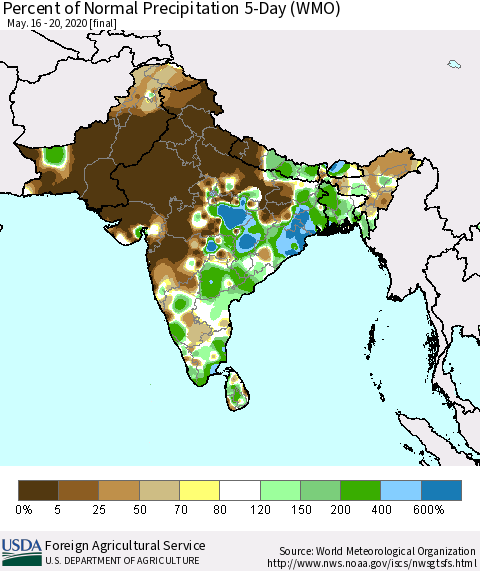 Southern Asia Percent of Normal Precipitation 5-Day (WMO) Thematic Map For 5/16/2020 - 5/20/2020