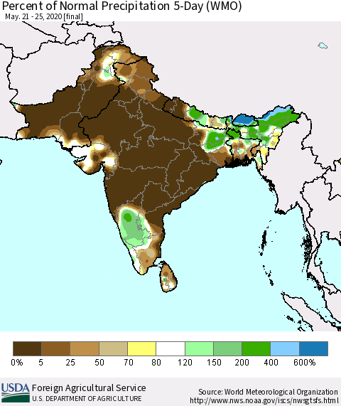 Southern Asia Percent of Normal Precipitation 5-Day (WMO) Thematic Map For 5/21/2020 - 5/25/2020