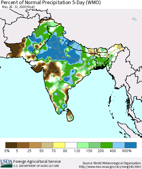 Southern Asia Percent of Normal Precipitation 5-Day (WMO) Thematic Map For 5/26/2020 - 5/31/2020