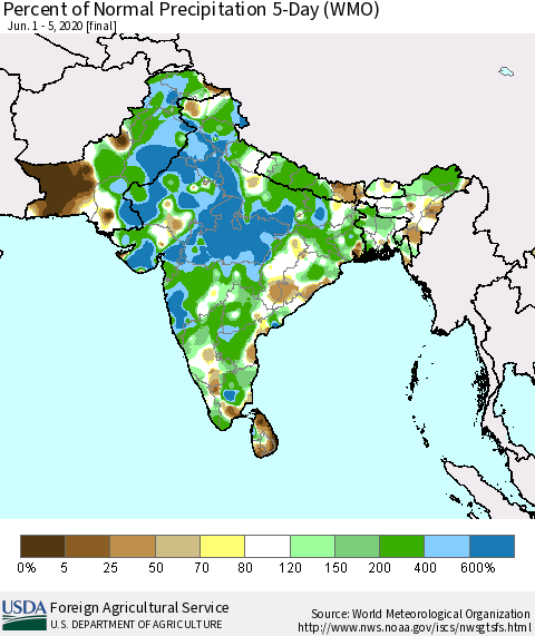 Southern Asia Percent of Normal Precipitation 5-Day (WMO) Thematic Map For 6/1/2020 - 6/5/2020