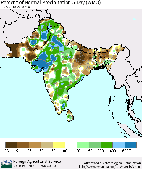 Southern Asia Percent of Normal Precipitation 5-Day (WMO) Thematic Map For 6/6/2020 - 6/10/2020