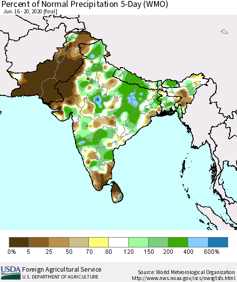 Southern Asia Percent of Normal Precipitation 5-Day (WMO) Thematic Map For 6/16/2020 - 6/20/2020