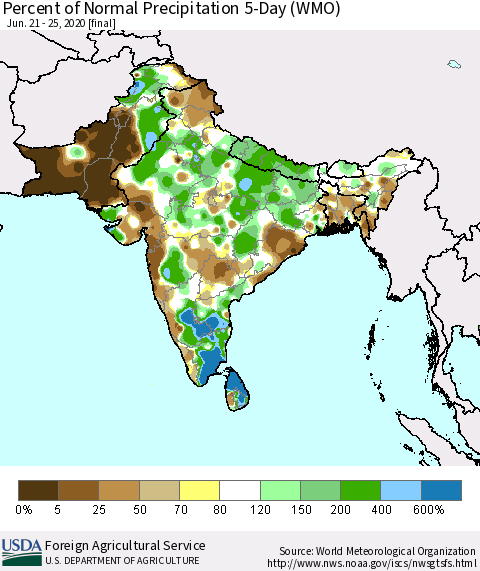 Southern Asia Percent of Normal Precipitation 5-Day (WMO) Thematic Map For 6/21/2020 - 6/25/2020