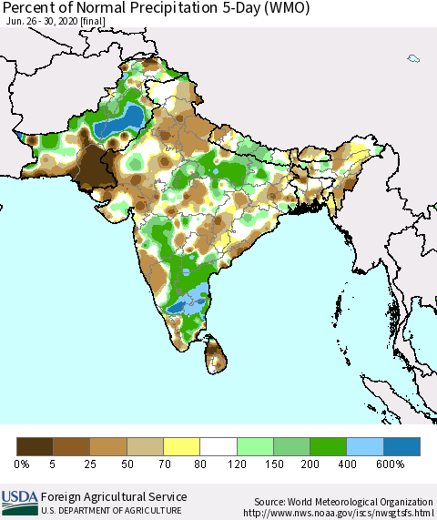 Southern Asia Percent of Normal Precipitation 5-Day (WMO) Thematic Map For 6/26/2020 - 6/30/2020