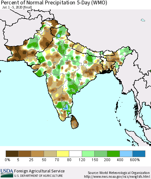 Southern Asia Percent of Normal Precipitation 5-Day (WMO) Thematic Map For 7/1/2020 - 7/5/2020