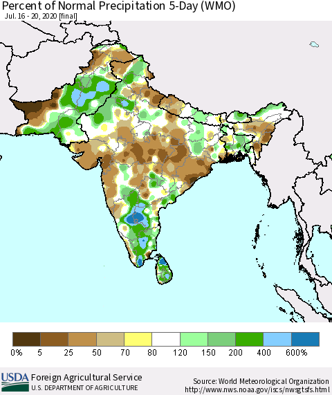 Southern Asia Percent of Normal Precipitation 5-Day (WMO) Thematic Map For 7/16/2020 - 7/20/2020