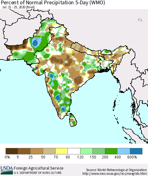 Southern Asia Percent of Normal Precipitation 5-Day (WMO) Thematic Map For 7/21/2020 - 7/25/2020