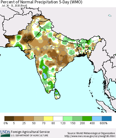 Southern Asia Percent of Normal Precipitation 5-Day (WMO) Thematic Map For 7/26/2020 - 7/31/2020