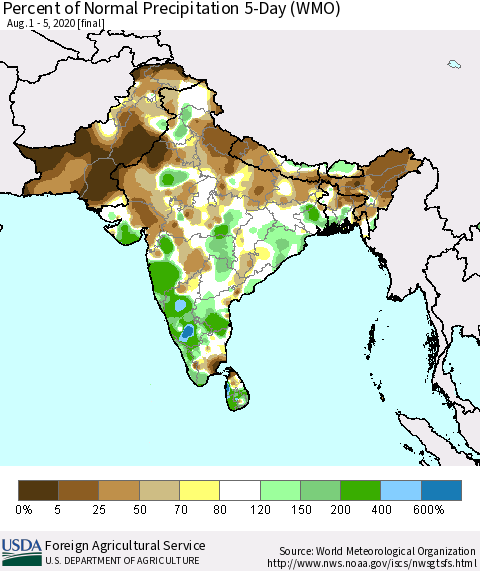 Southern Asia Percent of Normal Precipitation 5-Day (WMO) Thematic Map For 8/1/2020 - 8/5/2020