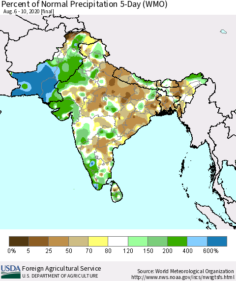 Southern Asia Percent of Normal Precipitation 5-Day (WMO) Thematic Map For 8/6/2020 - 8/10/2020