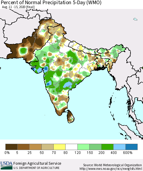Southern Asia Percent of Normal Precipitation 5-Day (WMO) Thematic Map For 8/11/2020 - 8/15/2020