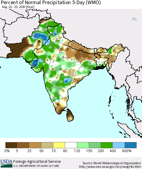 Southern Asia Percent of Normal Precipitation 5-Day (WMO) Thematic Map For 8/16/2020 - 8/20/2020