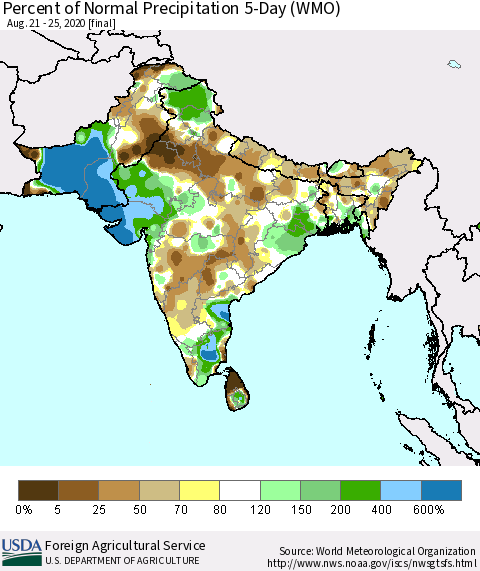 Southern Asia Percent of Normal Precipitation 5-Day (WMO) Thematic Map For 8/21/2020 - 8/25/2020