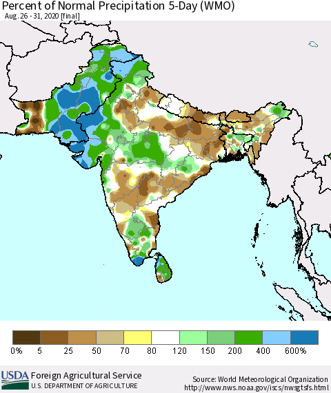 Southern Asia Percent of Normal Precipitation 5-Day (WMO) Thematic Map For 8/26/2020 - 8/31/2020