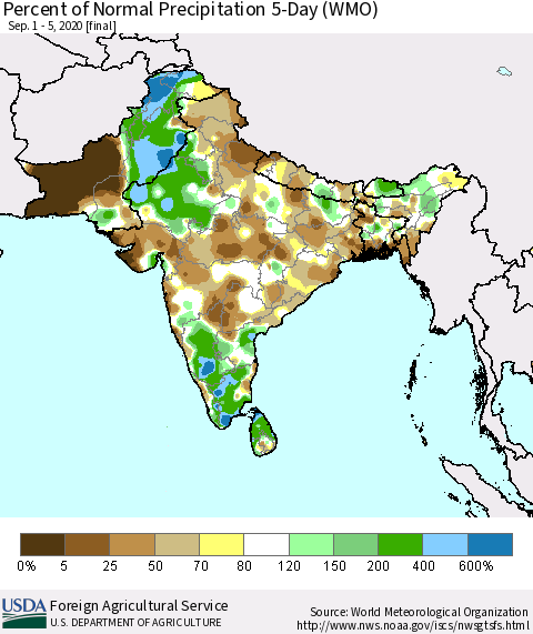 Southern Asia Percent of Normal Precipitation 5-Day (WMO) Thematic Map For 9/1/2020 - 9/5/2020