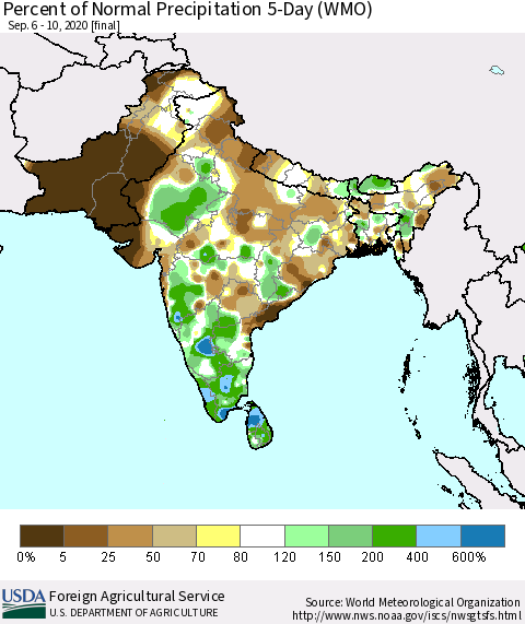 Southern Asia Percent of Normal Precipitation 5-Day (WMO) Thematic Map For 9/6/2020 - 9/10/2020