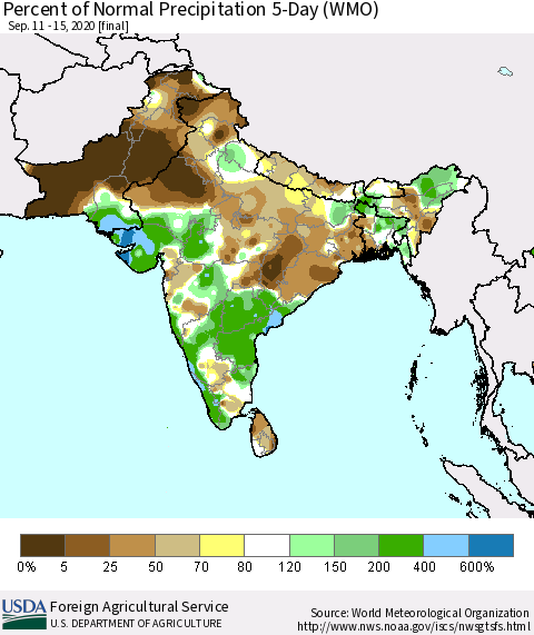 Southern Asia Percent of Normal Precipitation 5-Day (WMO) Thematic Map For 9/11/2020 - 9/15/2020