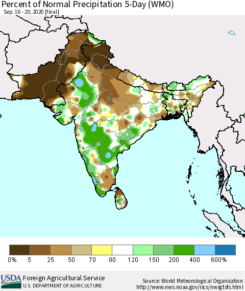 Southern Asia Percent of Normal Precipitation 5-Day (WMO) Thematic Map For 9/16/2020 - 9/20/2020