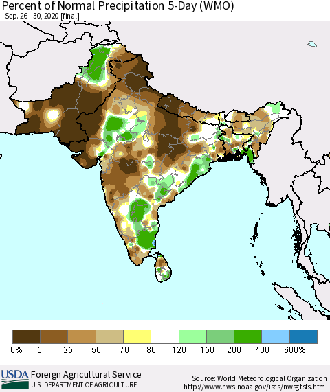 Southern Asia Percent of Normal Precipitation 5-Day (WMO) Thematic Map For 9/26/2020 - 9/30/2020
