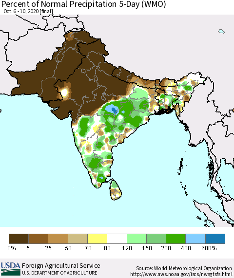 Southern Asia Percent of Normal Precipitation 5-Day (WMO) Thematic Map For 10/6/2020 - 10/10/2020