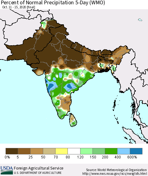 Southern Asia Percent of Normal Precipitation 5-Day (WMO) Thematic Map For 10/11/2020 - 10/15/2020