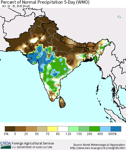 Southern Asia Percent of Normal Precipitation 5-Day (WMO) Thematic Map For 10/16/2020 - 10/20/2020