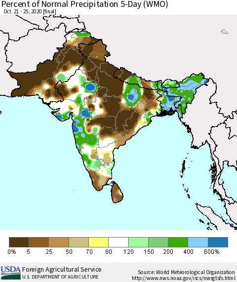 Southern Asia Percent of Normal Precipitation 5-Day (WMO) Thematic Map For 10/21/2020 - 10/25/2020
