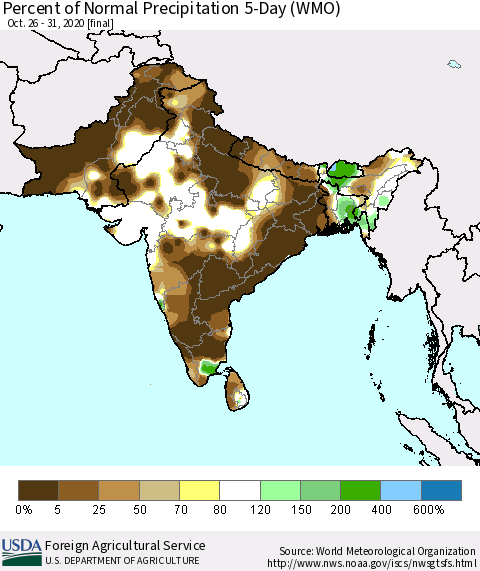 Southern Asia Percent of Normal Precipitation 5-Day (WMO) Thematic Map For 10/26/2020 - 10/31/2020