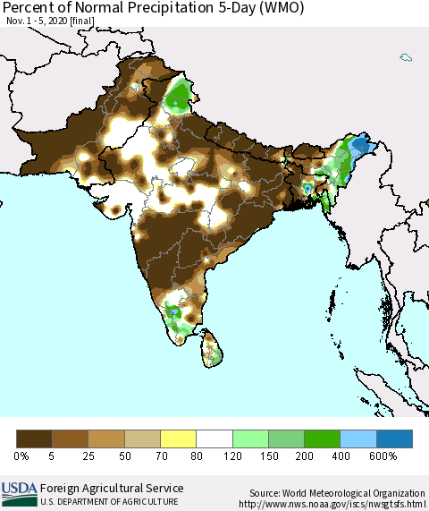 Southern Asia Percent of Normal Precipitation 5-Day (WMO) Thematic Map For 11/1/2020 - 11/5/2020