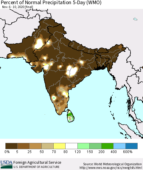 Southern Asia Percent of Normal Precipitation 5-Day (WMO) Thematic Map For 11/6/2020 - 11/10/2020