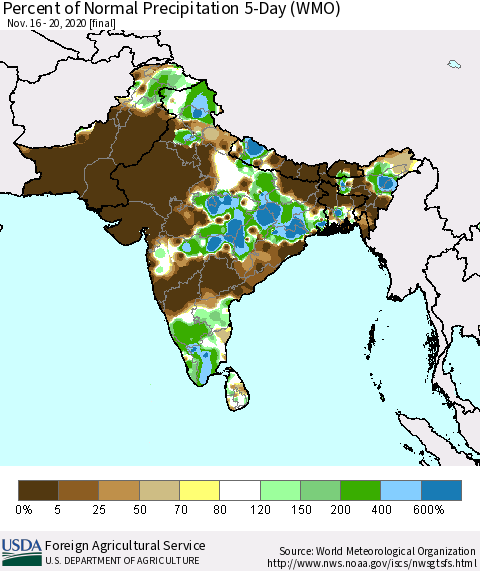 Southern Asia Percent of Normal Precipitation 5-Day (WMO) Thematic Map For 11/16/2020 - 11/20/2020