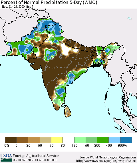 Southern Asia Percent of Normal Precipitation 5-Day (WMO) Thematic Map For 11/21/2020 - 11/25/2020