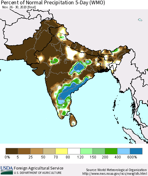 Southern Asia Percent of Normal Precipitation 5-Day (WMO) Thematic Map For 11/26/2020 - 11/30/2020