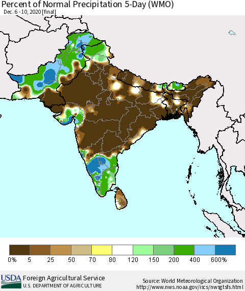 Southern Asia Percent of Normal Precipitation 5-Day (WMO) Thematic Map For 12/6/2020 - 12/10/2020