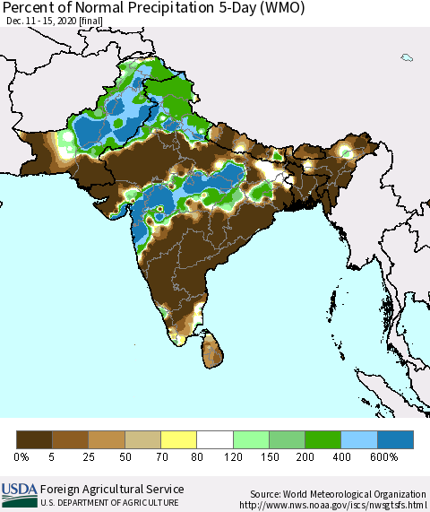 Southern Asia Percent of Normal Precipitation 5-Day (WMO) Thematic Map For 12/11/2020 - 12/15/2020