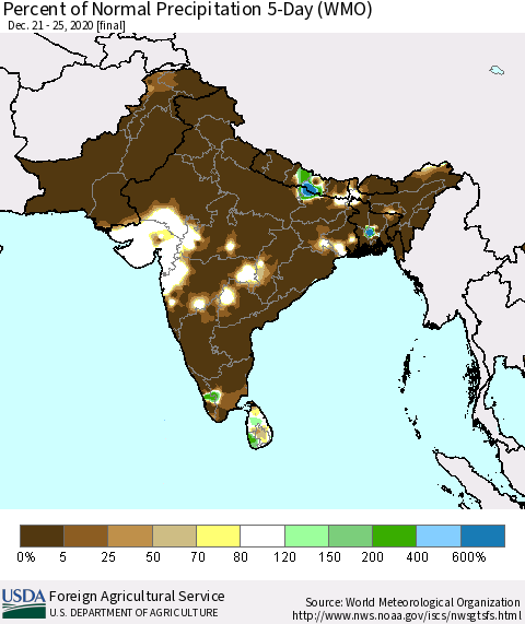 Southern Asia Percent of Normal Precipitation 5-Day (WMO) Thematic Map For 12/21/2020 - 12/25/2020