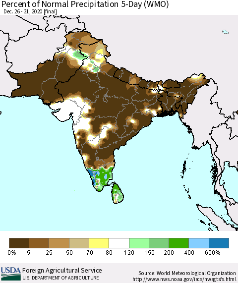 Southern Asia Percent of Normal Precipitation 5-Day (WMO) Thematic Map For 12/26/2020 - 12/31/2020