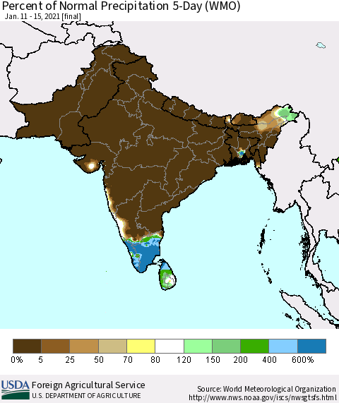 Southern Asia Percent of Normal Precipitation 5-Day (WMO) Thematic Map For 1/11/2021 - 1/15/2021