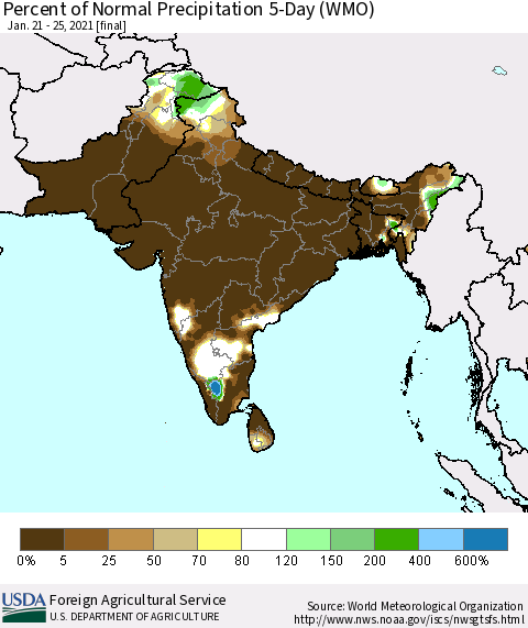 Southern Asia Percent of Normal Precipitation 5-Day (WMO) Thematic Map For 1/21/2021 - 1/25/2021