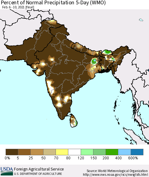 Southern Asia Percent of Normal Precipitation 5-Day (WMO) Thematic Map For 2/6/2021 - 2/10/2021