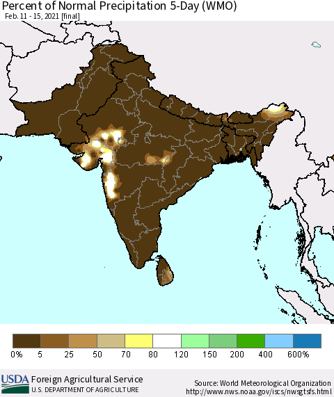 Southern Asia Percent of Normal Precipitation 5-Day (WMO) Thematic Map For 2/11/2021 - 2/15/2021