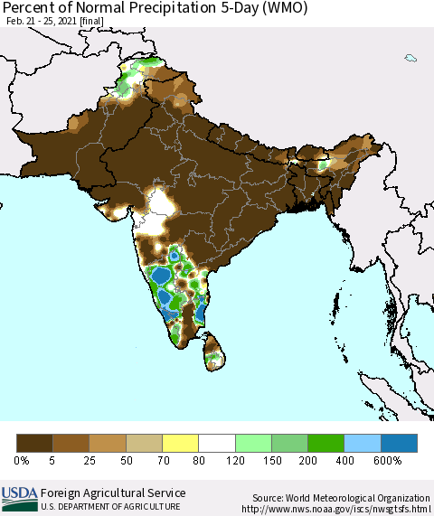 Southern Asia Percent of Normal Precipitation 5-Day (WMO) Thematic Map For 2/21/2021 - 2/25/2021