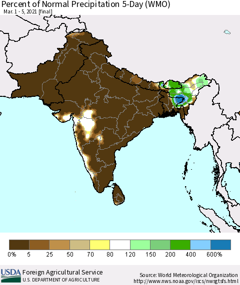 Southern Asia Percent of Normal Precipitation 5-Day (WMO) Thematic Map For 3/1/2021 - 3/5/2021