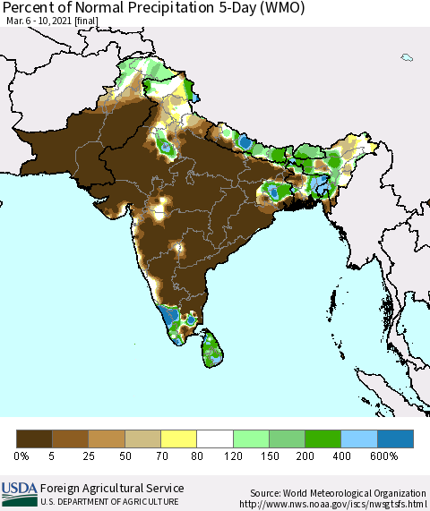 Southern Asia Percent of Normal Precipitation 5-Day (WMO) Thematic Map For 3/6/2021 - 3/10/2021