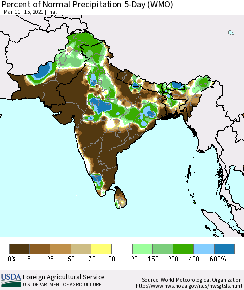 Southern Asia Percent of Normal Precipitation 5-Day (WMO) Thematic Map For 3/11/2021 - 3/15/2021