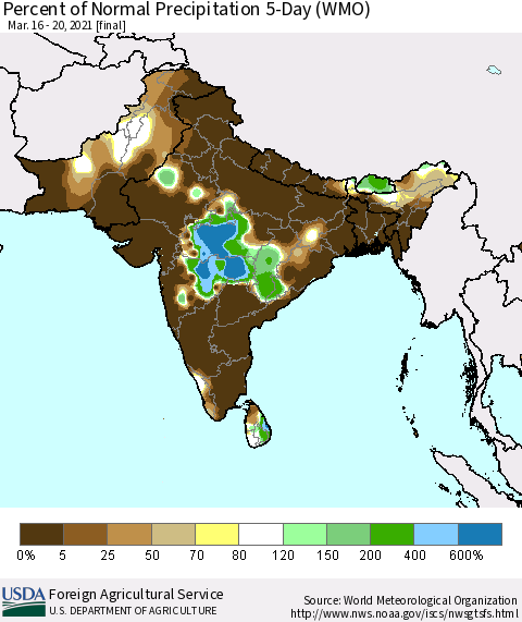 Southern Asia Percent of Normal Precipitation 5-Day (WMO) Thematic Map For 3/16/2021 - 3/20/2021