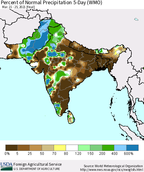 Southern Asia Percent of Normal Precipitation 5-Day (WMO) Thematic Map For 3/21/2021 - 3/25/2021