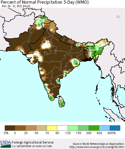 Southern Asia Percent of Normal Precipitation 5-Day (WMO) Thematic Map For 3/26/2021 - 3/31/2021