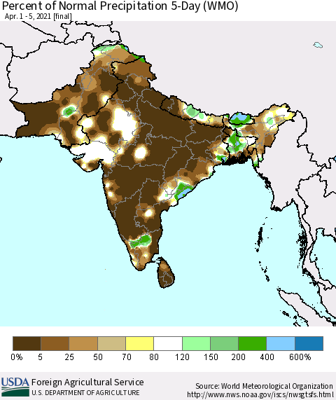 Southern Asia Percent of Normal Precipitation 5-Day (WMO) Thematic Map For 4/1/2021 - 4/5/2021